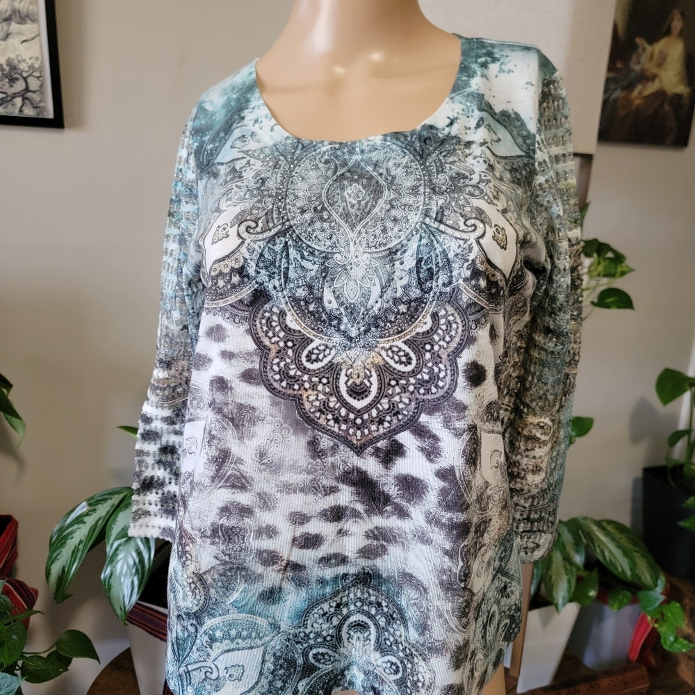 Chic Paisley Print Women's Blouse in Blue and Gray